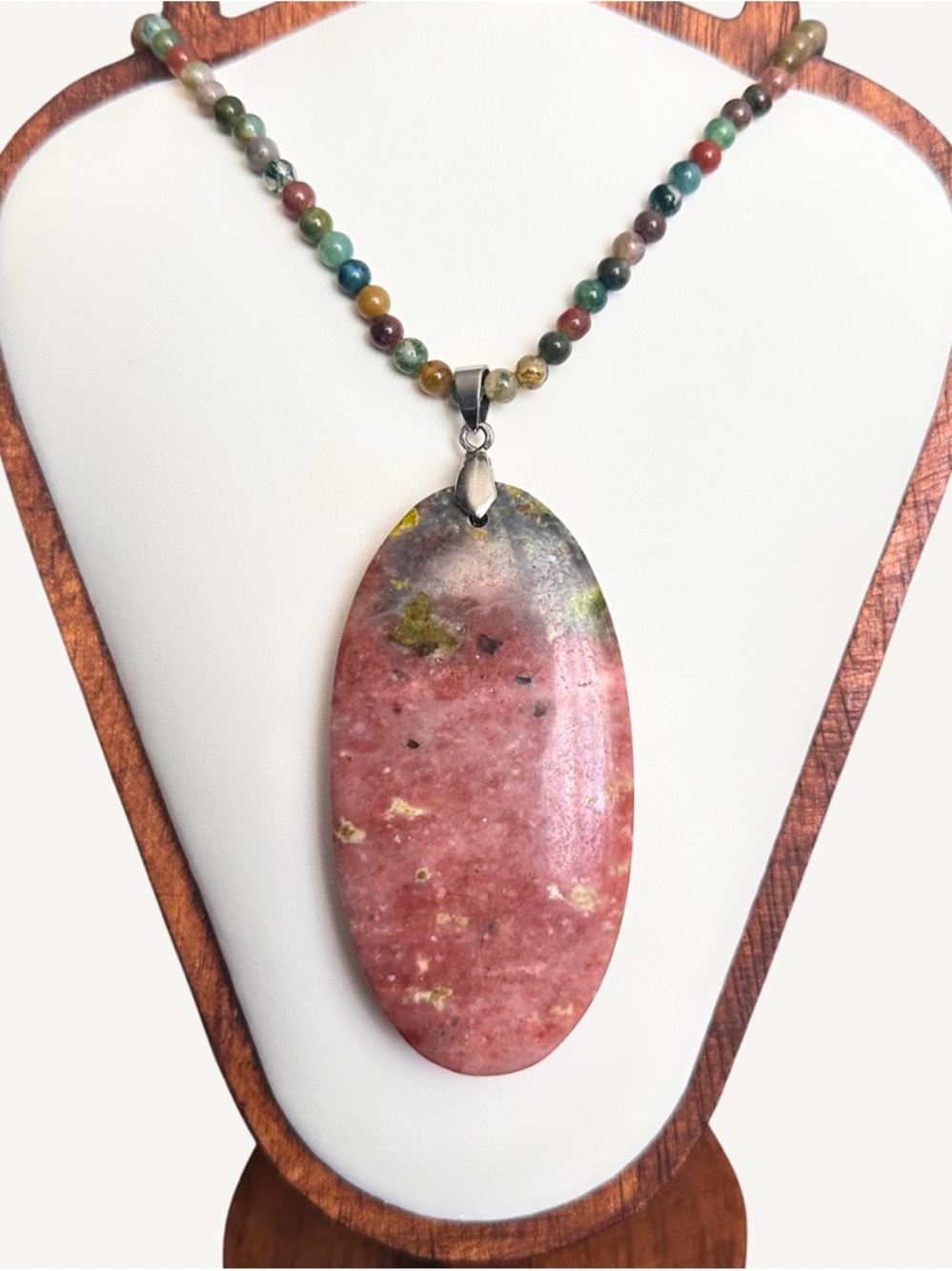 18K GP White Gold Bail Unakite & Gemstone Beaded Pendant Necklace